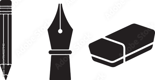 Stationery icons, black and white, pen, pencil, eraser, office supplies, vector graphics isolated on Transparent Background