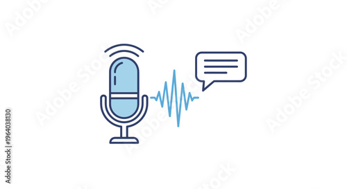 Microphone with sound wave and speech bubble.
