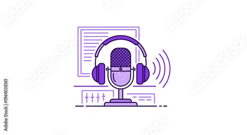 Purple Microphone with Headphones On.