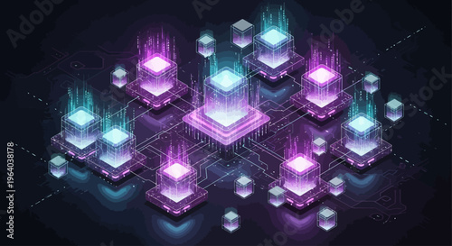 Glowing Purple Blue Digital Circuit Boards.