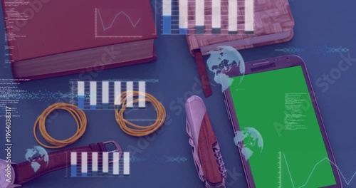 Activating overlays sliding across desk over phone green-screen to view data over knife, copy space