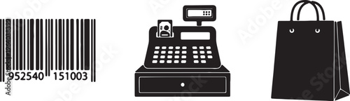 Barcode, cash register, shopping bag icons, retail payment symbols, black and white vector graphics isolated on Transparent Background