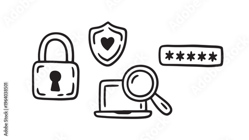Cybersecurity Icons Set with Lock, Shield, Password, and Computer, Black Line Art Protection Symbols