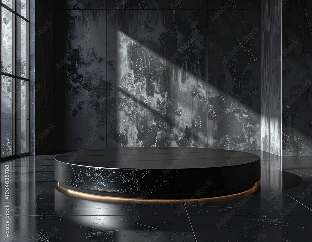 Obraz premium Modern black podium with golden light accent in a dark textured room.