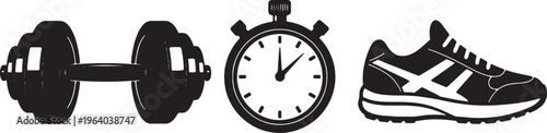 Fitness icons, workout symbols, dumbbell, stopwatch, sneaker isolated on Transparent Background