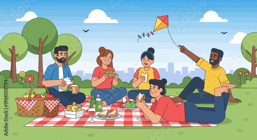 Group of people having picnic outdoors.
