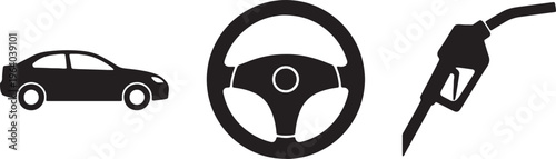 Car, steering wheel, fuel pump icons, black silhouette, transportation symbols isolated on Transparent Background