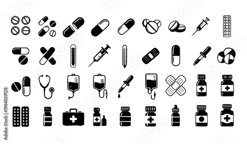 Set of Medical and Healthcare Icons Featuring Pills, Capsules, Syringes, IV Drips, Stethoscope, and First Aid Symbols in Minimal Black Style for Clinic Design