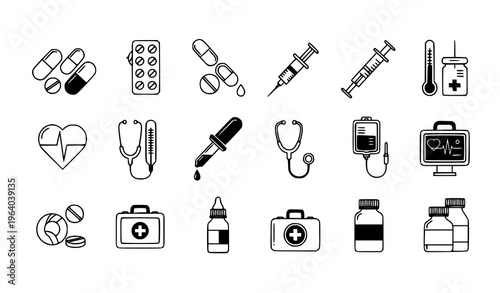 Collection of Medical Line Icons with Pills, Syringes, Stethoscope, IV Drip, Heart Monitor, and Healthcare Equipment for Clinic, Hospital, and Pharmacy Design
