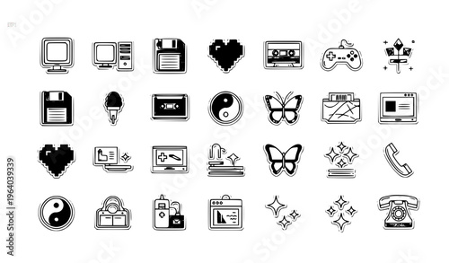 90s Retro Sticker Set Vector with Y2K Neon Elements 80s 2000s Nostalgic Pop Design Collection
