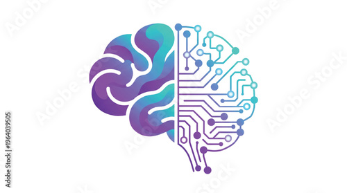 A colorful illustration of a brain with a circuit board design on a transparent background