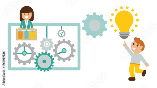 Implementation and integration of innovations into business process. Cartoon tiny engineers and developers work with system of gears, light bulb flat vector illustration. Solution, development concept