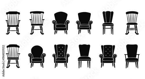 Vector illustration of set of various vintage armchair and rocking chair silhouettes