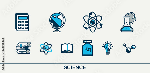 Science vector detailed icons set, school and university education bundle, scientific study and research, physics and chemistry.