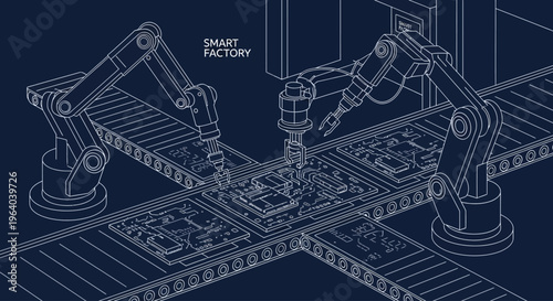 Industrial robotic arms in factory.
