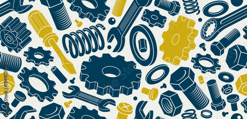 Car service seamless background, vector wrenches and bolts endless wallpaper, automobile engine expertise diagnostic and fix tiling pattern, elements can be used separately.