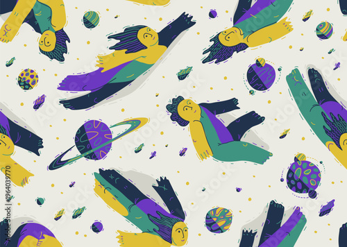 Levitating people seamless background, concept of freedom and imagination, peaceful and tranquil theme tiling wallpaper, dreamers floating among the planets in space.