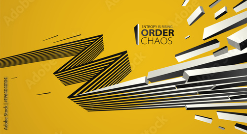 Entropy concept vector abstract background with debris flying in chaos, destruction theme wallpaper, exploded pieces disorder 3D design