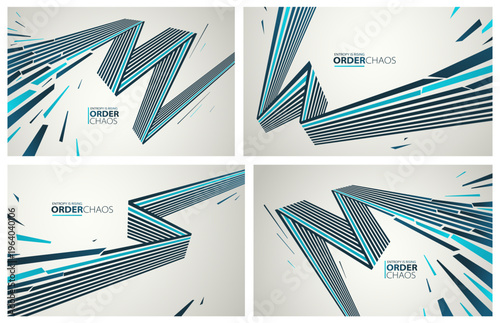 Chaos and order vector concept abstract background with lines explosion to debris in decay set, 3D wallpaper with perspective lines going to chaos of destruction.