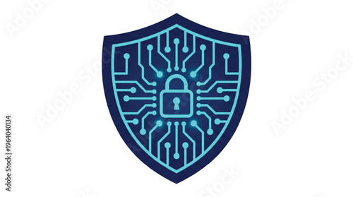 A blue shield with a circuit board design and a padlock in the center, symbolizing cybersecurity and protection.