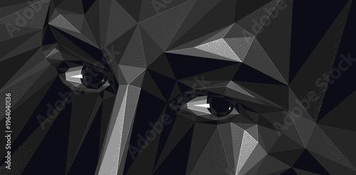 Low poly design of a boy male face in dark colors, vector illustration of a eyes looking at camera polygonal futuristic face wallpaper, artificial intelligence concept.