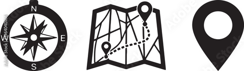 Navigation icons, map symbols, compass, location markers, travel graphics isolated on Transparent Background