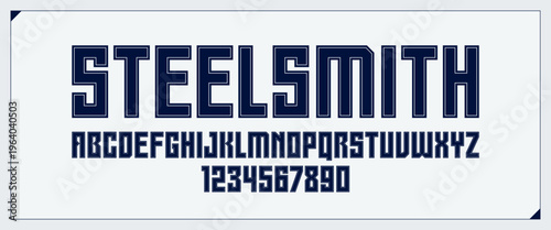 Urban massive geometric font for logos and emblems, minimal strong vector typeface, typography with no round elements, only corners and straight lines geometry.