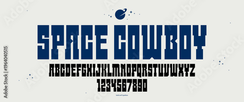 Wild west space future style bold display font for logos and emblems, vector futuristic geometric modern typeface for posters and headers, western and technology styles mixed.