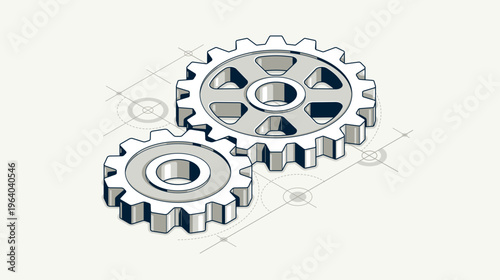 Mechanical engineering concept, gears and cogs with project drawing draft isometric 3D vector illustration, cogwheels system technology and technics machinery engine.