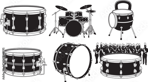 Black and white vector illustration set of musical drums including snare drums bass drum full drum kit and marching band silhouettes isolated on white.