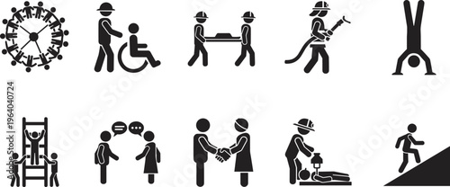 Black vector pictogram icon set depicting various human activities including emergency rescue medical assistance teamwork disability support communication and physical success isolated on white.