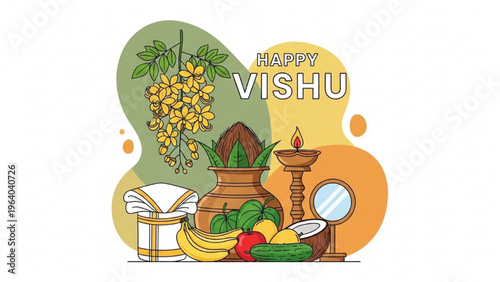 Vishnu festival celebration scene with traditional items and fruits on table indoors