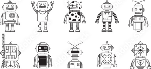 Vector illustration set of ten diverse black and white line art robot characters in retro vintage style isolated on white background for technology design.