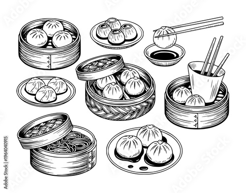 Hand Drawn Collection of Asian Dumplings and Noodles in Bamboo Steamer Baskets food