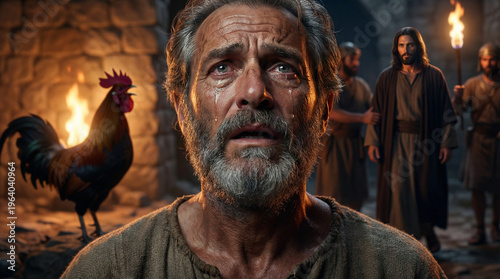 Peter weeping with rooster crowing as Jesus is led away