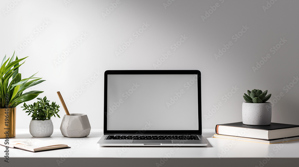 Fototapeta premium A modern desk setup with a laptop, books, and potted plants creating a clean workspace aesthetic