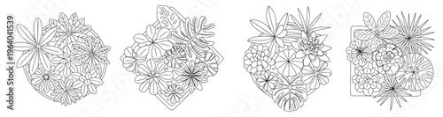 Hand drawn vector set of top view house plants in clean line art style. Decorative botanical compositions with tropical leaves and flowers, perfect for coloring, prints, and design.