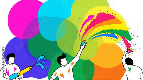 People celebrating Holi festival with colorful paints and balloons outdoors