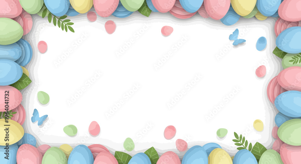 Obraz premium Easter Egg Border Frame with Butterflies and Leaves - Festive Spring Holiday Background