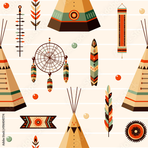 Vector seamless pattern (tiling) with American Indian tribal ornament and teepee. Endless texture can be used for pattern fills, t-shirt print, web page background, fabric design, scrapbooking paper