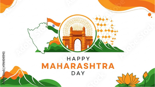 Maharashtra Day celebration with map and landmark architecture