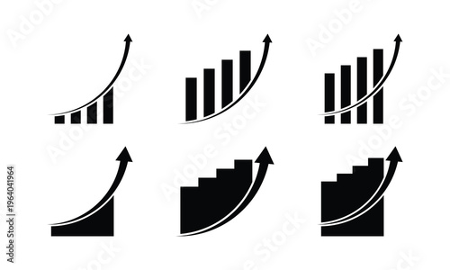 Growth Bar Graph Stairs Upward Arrow Silhouette Icons Set Vector