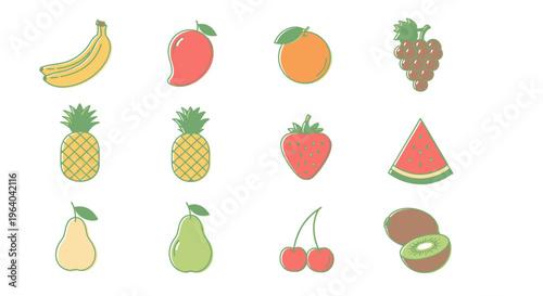 Collection of various colorful fruit icons.