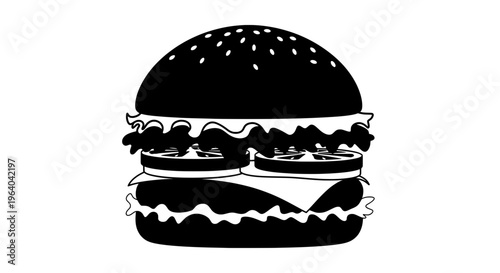 A high-resolution black silhouette vector illustration of a detailed hamburger bun with toppings and fillings is presented clearly on a white background showing the food item.
