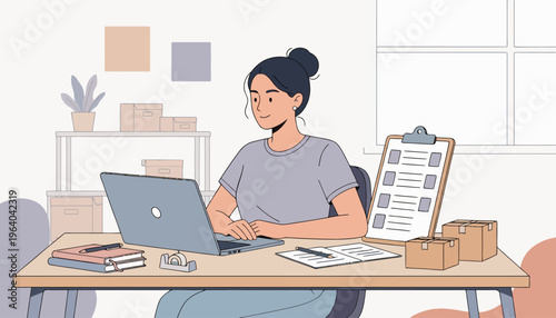 Female entrepreneur managing small business inventory on a laptop with cardboard boxes, shipping checklist clipboard, and notebooks at a desk in a flat illustration style.