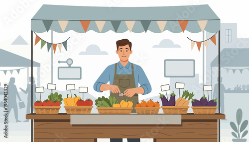 Vector illustration of a male vendor in an apron organizing fresh tomatoes, peppers, eggplants, and carrots in baskets at an outdoor farmers market stall with bunting decorations.