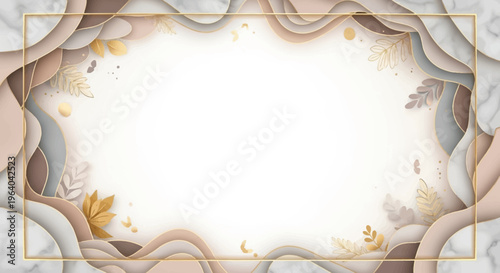 Elegant Abstract Paper Cut Frame with Golden Leaves and Marble Texture