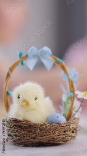 Soft yellow chick nestled in woven basket. Tiny blue egg beside fluffy chick. Light blue bows decorate wicker handle. Background blurred with gentle bokeh effect. Cute Easter scene with spring charm