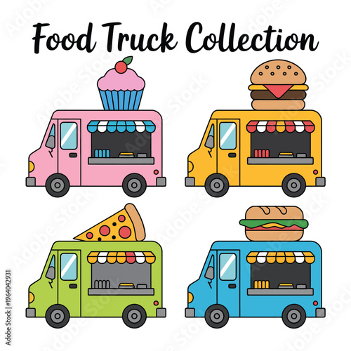Four colorful cartoon food trucks with chefs and menu boards