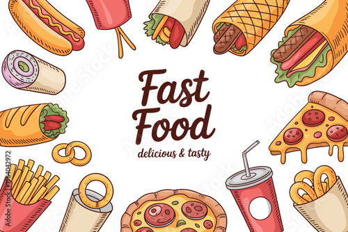Hand drawn fast food in vibrant colors on white background
